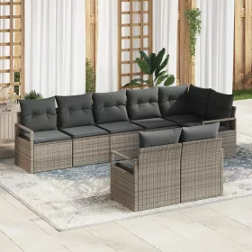    8 Darabos Kerti Kanapé Szett Párnákkal Szürke Poli Rattan