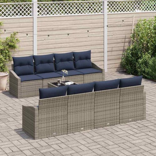  Kanapé Szett párnával 9 pcs Szürke és Tengerész Kék polirattan