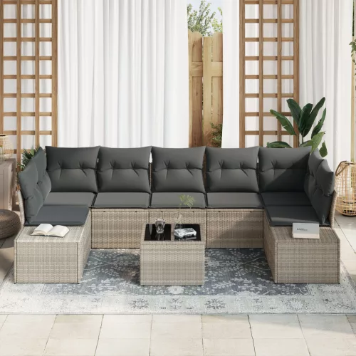  8 darabos kerti sofa készlet párnákkal világosszürke polirattan