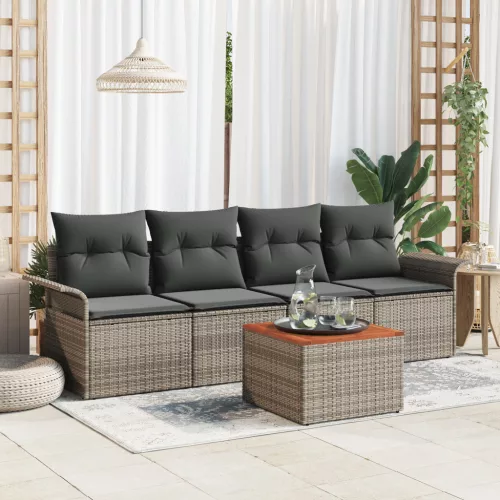  5 Darabos Kert Sofa Készlet Párnákkal Szürke Poli Rattan Akác