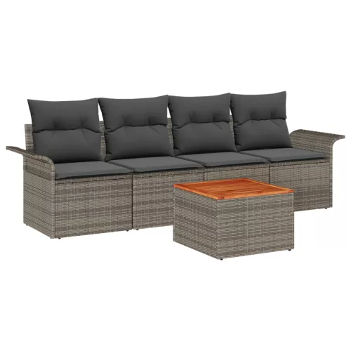  5 Darabos Kert Sofa Készlet Párnákkal Szürke Poli Rattan Akác