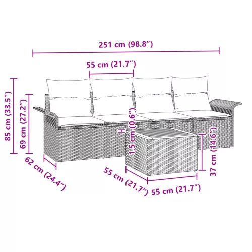  5 Darabos Kert Sofa Készlet Párnákkal Szürke Poli Rattan Akác