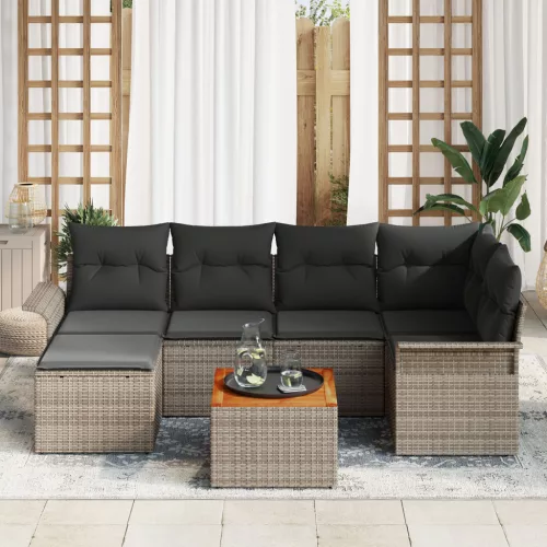  7 Darabos Kerti Kanapészett Párnákkal Szürke Poli Rattan Acacia