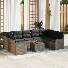    10 Darabos Kert Sofa Szett Párnákkal Szürke Poli Rattan Akácia