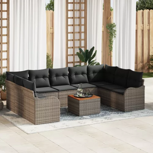  10 Darabos Kert Sofa Szett Párnákkal Szürke Poli Rattan Akácia