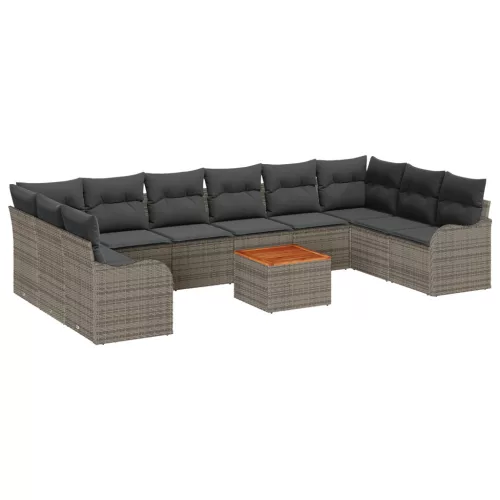  10 Darabos Kert Sofa Szett Párnákkal Szürke Poli Rattan Akácia