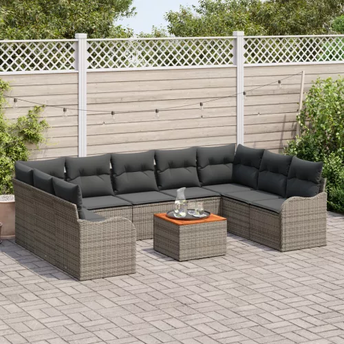  10 Darabos Kert Sofa Szett Párnákkal Szürke Poli Rattan Akácia