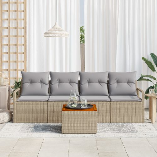  5 részes Kert Kanapé Szett Párnákkal Bézs Poli Rattan Akáccal