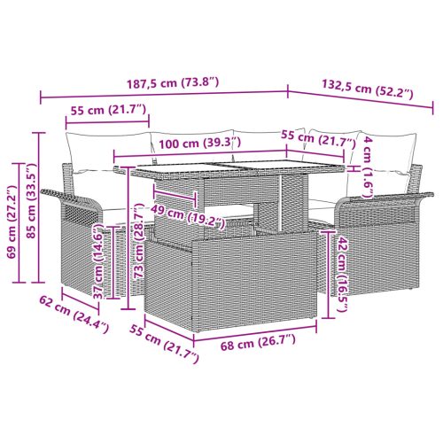 5 részes kerti kanapé szett párnákkal, Szürke, Poli rattan