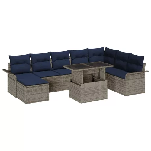  Kerti Kanapé Szett párnával 9 pcs Szürke Poly Rattan