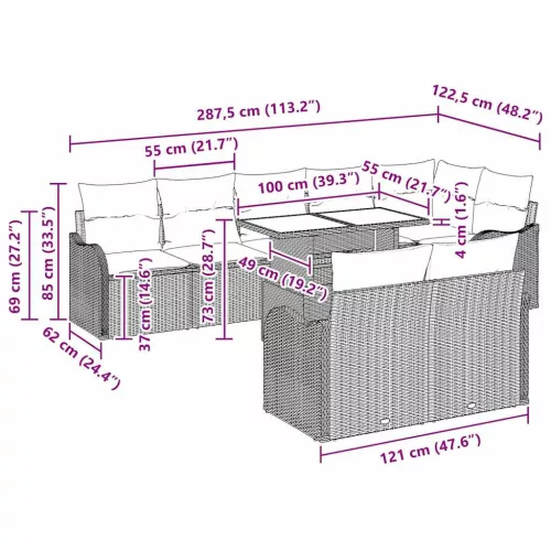  Kerti Kanapé Szett párnával párnával 9 pcs Fekete Poly Rattan