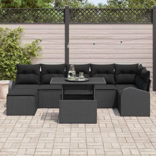  Kerti Kanapé Szett párnával tárolóval 8 pcs Fekete Poli rattan