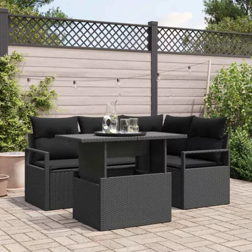  Kerti Kanapé Szett párnával tárolóval 5 pcs Fekete Poli rattan