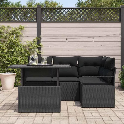  Kerti Kanapé Szett párnával tárolóval 5 pcs Fekete Poli rattan