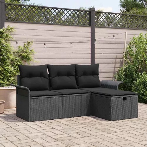  Kerti Kanapé Szett párnával tárolóval 4 pcs Fekete polirattan