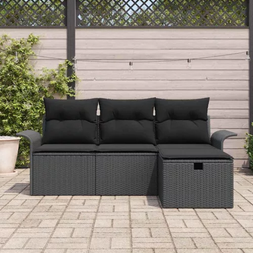  Kerti Kanapé Szett párnával tárolóval 4 pcs Fekete polirattan