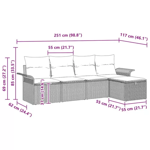  Kerti Kanapé Szett párnával 5 pcs Világosszürke polirattan