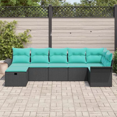  Kerti Kanapé Szett párnával 7 pcs Fekete és Türkiz polirattan