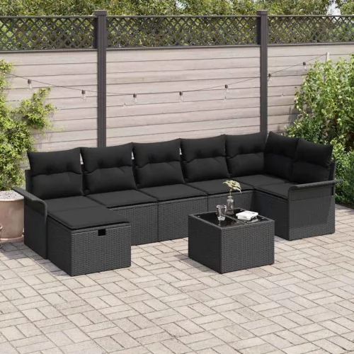  Kerti Kanapé Szett párnával tárolóval 8 pcs Fekete polirattan