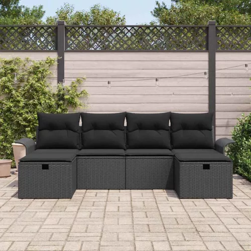  Kerti Kanapé Szett párnával tárolóval 6 pcs Fekete polirattan