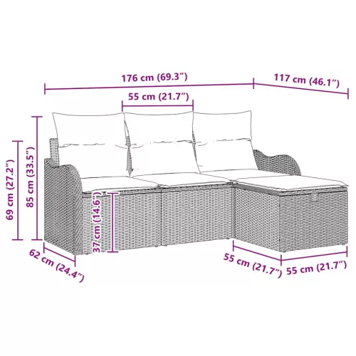  Kerti Kanapé Szett párnával tárolóval 4 pcs Szürke polirattan