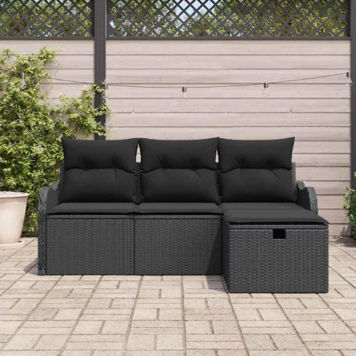  Kerti Kanapé Szett párnával tárolóval 4 pcs Fekete polirattan