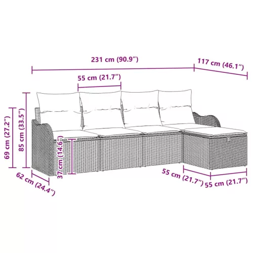  Kerti Kanapé Szett párnával tárolóval 5 pcs Fekete Poli rattan