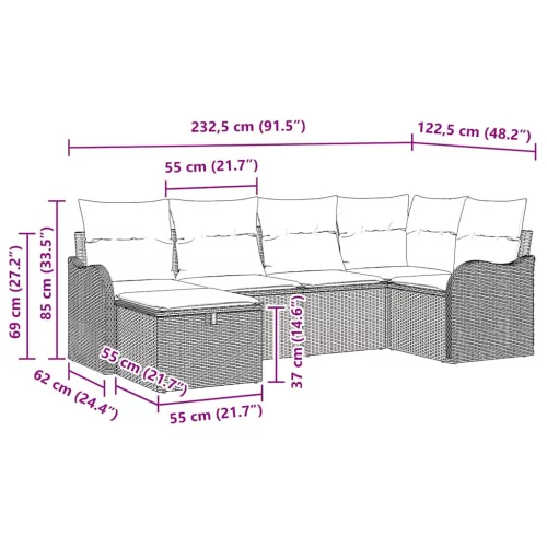  Kerti Kanapé Szett párnával tárolóval 6 pcs Szürke Poli rattan