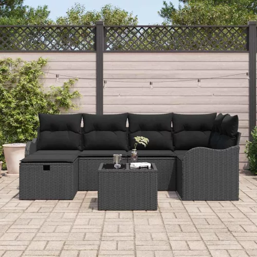  Kerti Kanapé Szett párnával tárolóval 7 pcs Fekete Poli rattan