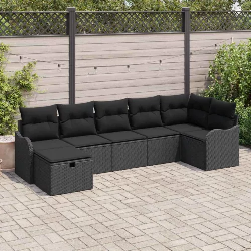  Kanapé Szett párnával tárolóval 7 pcs Fekete polirattan
