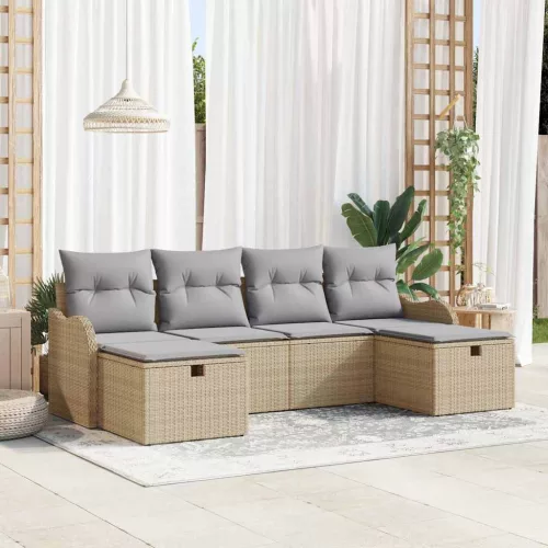  Kanapé Szett párnával 6 pcs Beige és Világosszürke polirattan