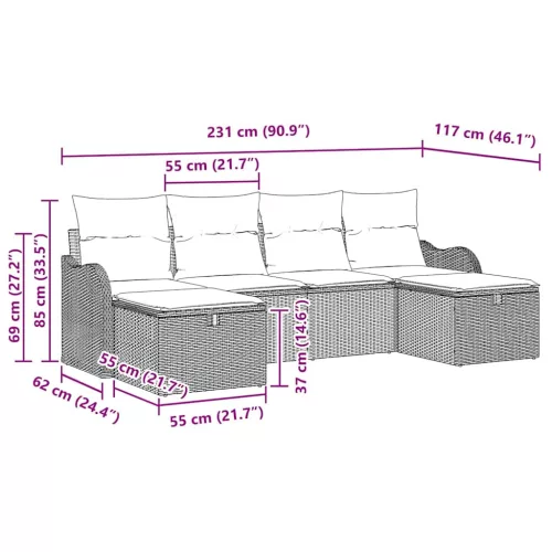  Kanapé Szett párnával tárolóval 6 pcs Világosszürke polirattan