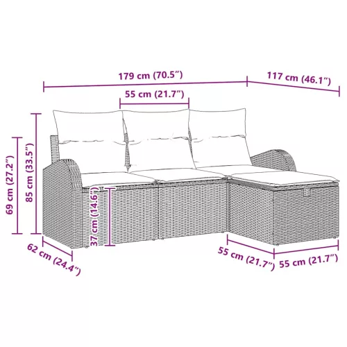  Kanapé Szett párnával tárolóval 4 pcs Szürke polirattan