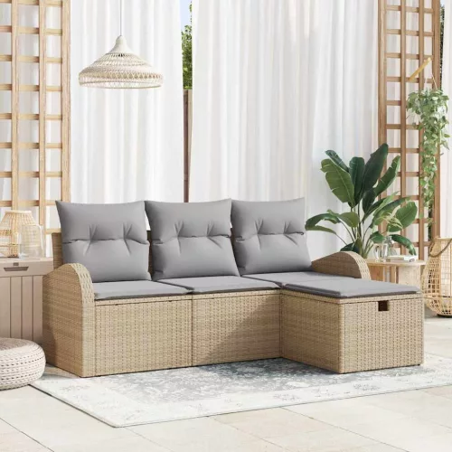  Kanapé Szett párnával 4 pcs Beige és Világosszürke polirattan