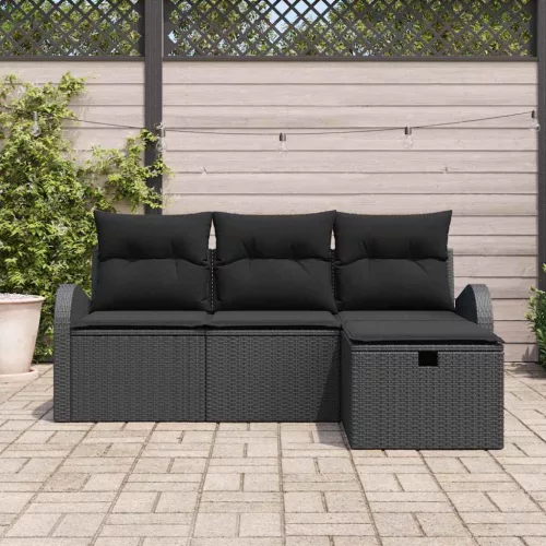  Kanapé Szett párnával tárolóval 4 pcs Fekete polirattan