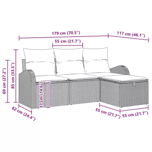  Kanapé Szett párnával tárolóval 4 pcs Barna és Piros polirattan