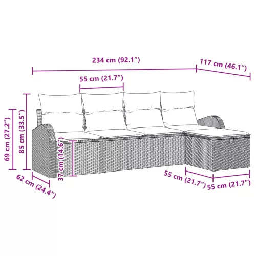  Kanapé Szett párnával tárolóval 5 pcs Barna és Piros polirattan