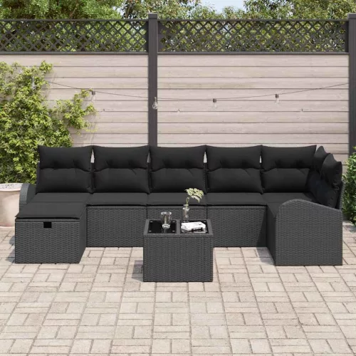  Kanapé Szett párnával tárolóval 8 pcs Fekete polirattan