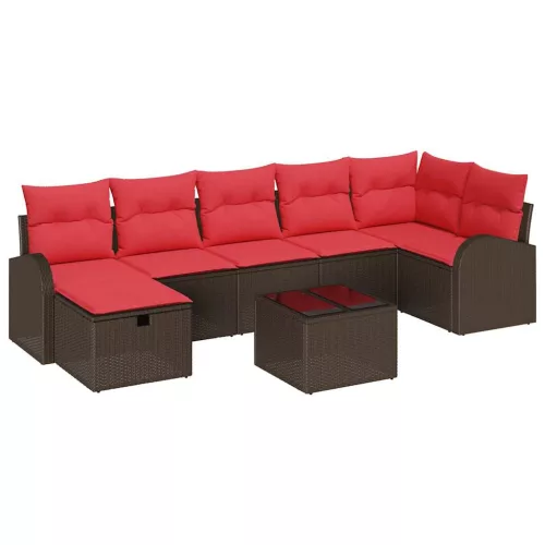  Kanapé Szett párnával tárolóval 8 pcs Barna és Piros polirattan