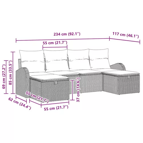  Kanapé Szett párnával 6 pcs Beige és Világosszürke polirattan