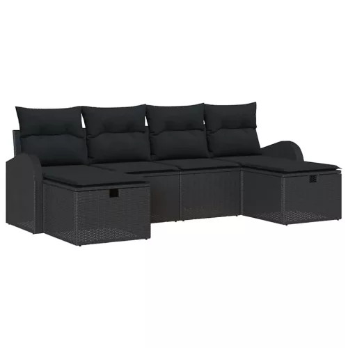  Kanapé Szett párnával tárolóval 6 pcs Fekete polirattan