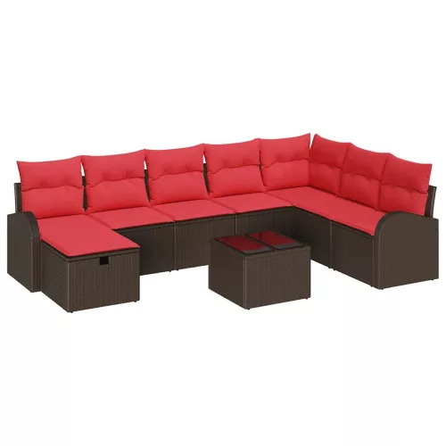  Kanapé Szett párnával tárolóval 9 pcs Barna és Piros polirattan