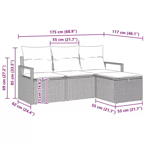  Kanapé Szett párnával tárolóval 4 pcs Világosszürke polirattan