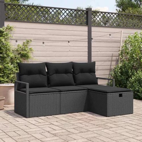  Kanapé Szett párnával tárolóval 4 pcs Fekete polirattan