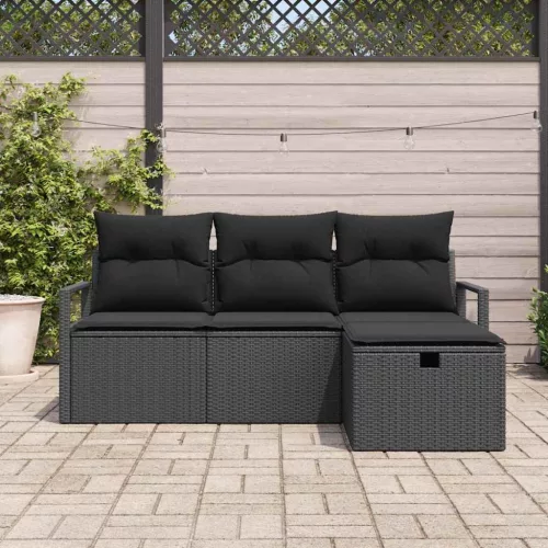  Kanapé Szett párnával tárolóval 4 pcs Fekete polirattan