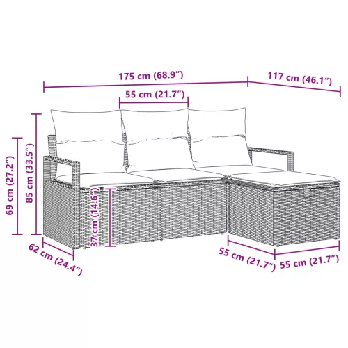  Kanapé Szett párnával tárolóval 4 pcs Barna és Piros polirattan