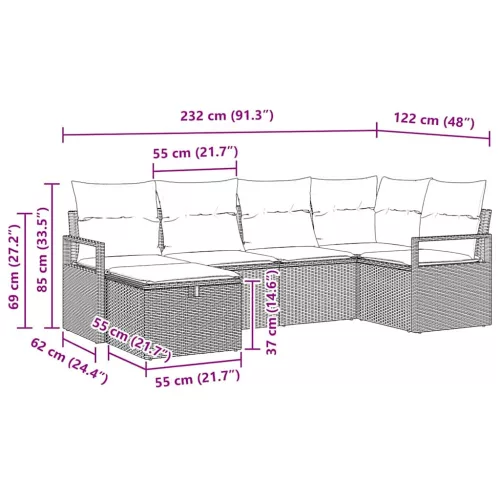  Kanapé Szett párnával 6 pcs Beige és Világosszürke polirattan