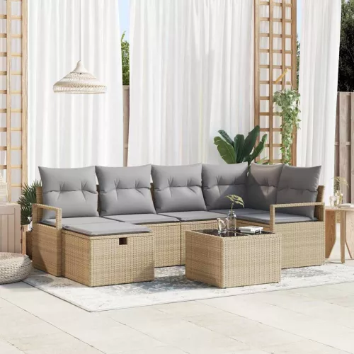  Kanapé Szett párnával 7 pcs Beige és Világosszürke polirattan