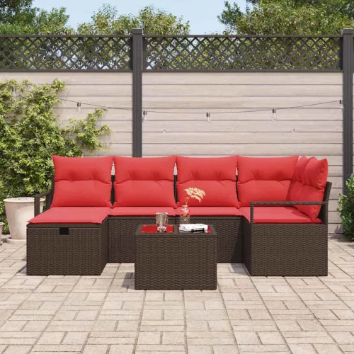  Kanapé Szett párnával tárolóval 7 pcs Barna és Piros polirattan