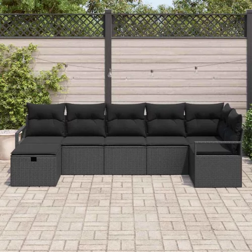 Kanapé Szett párnával tárolóval 7 pcs Fekete polirattan